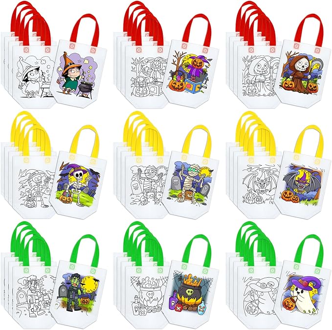 Kacctyen 45 Pcs Cute Coloring Goodie Bags Reusable Halloween Art Party Favor Bags Paint Bags for Kids Halloween Birthday Party Favor Bags Color Your Own Bag Graffiti Goodie Bags, 9 Styles