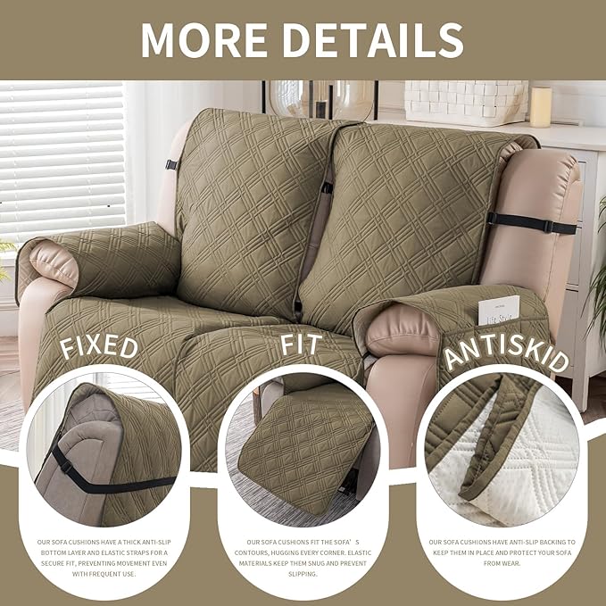 Easehomey Waterproof Loveseat Recliner Cover,Non Slip Reclining Couch Covers for 2 Seat,Dog Chair Cover Furniture Protector Washable Chair Cover with Pocket for Kids,Pets,Dogs(Khaki,2Seat)