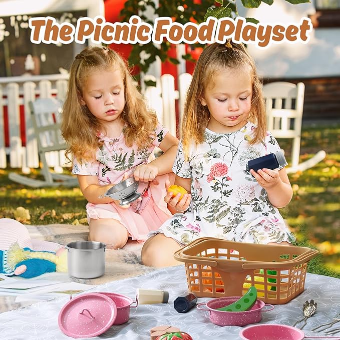 Kids Play Kitchen Toy Accessories Set Toddler Cooking Playset Colorful Stainless Steel Pots and Pans Birthday Gifts for 3+ Girls Boys (New Pink)