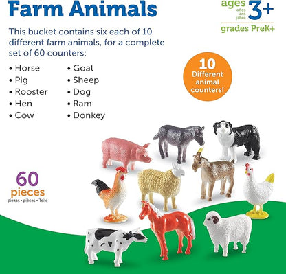 Learning Resources Farm Animal Counters - 60 Pieces, Ages 3+ Toddler Learning Toys, Farm Animals Toys, Develops Counting and Matching Skills