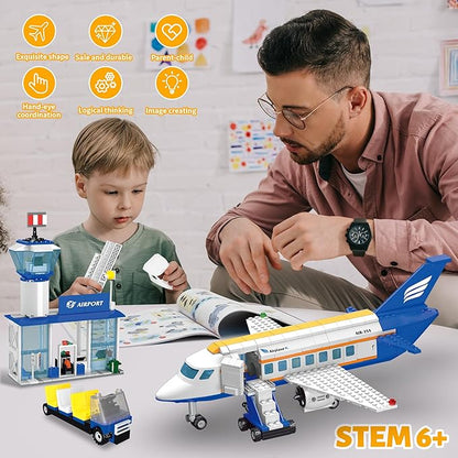 City 3 in 1 Airplane Building Set with Light, 717 PCS Toy Plane Building Blocks Kit with Airport Terminal, Luggage Truck, Aircraft STEM Toys Gift for Boys Girls Kids 6 7 8 9+ Years Old