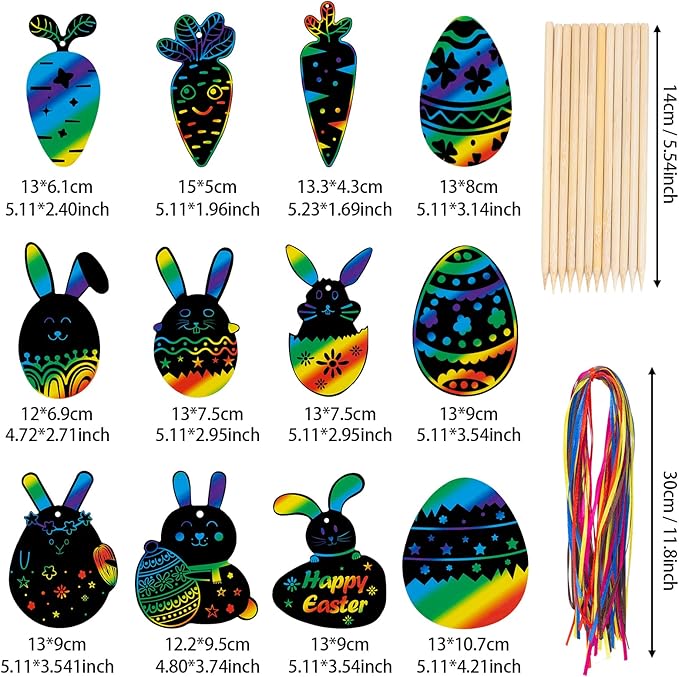 48 Pcs Easter Scratch Crafts for Kids, Rabbit Bunny Carrot Easter Egg Rainbow Scratch Paper Ornaments with Wooden Stick and Ribbon for Easter Party Favors