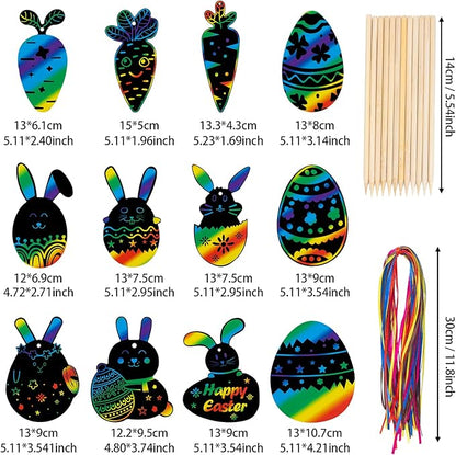 48 Pcs Easter Scratch Crafts for Kids, Rabbit Bunny Carrot Easter Egg Rainbow Scratch Paper Ornaments with Wooden Stick and Ribbon for Easter Party Favors