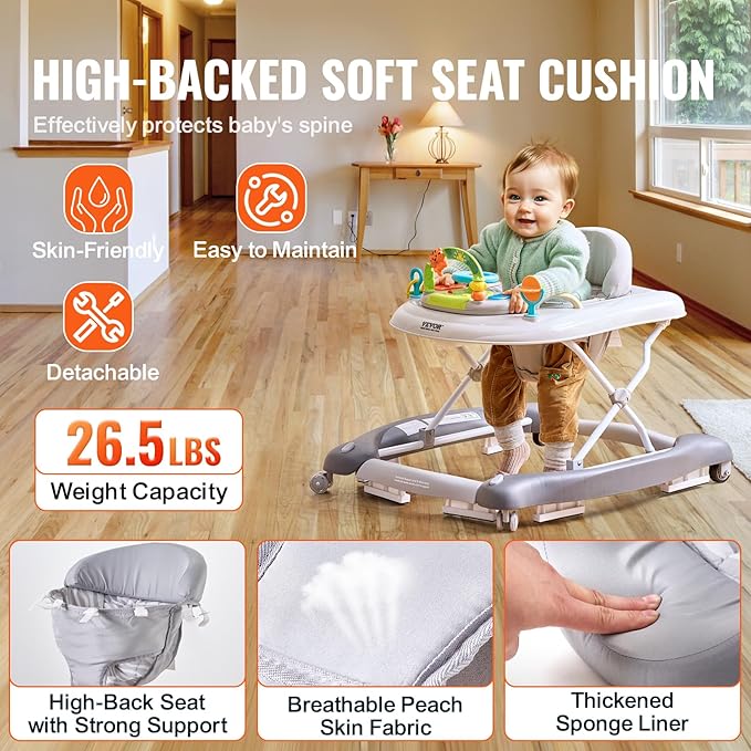 VEVOR 4-in-1 Baby Walker, Foldable Baby Activity Center with Wheels, 3 Adjustable Height, Music & Toys Tray, Learning-Seated | Walk-Behind | Rocker | Bouncer Toddler Walker for Boys Girls 6-24 Months