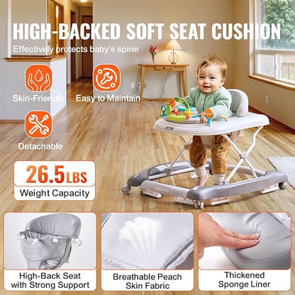 VEVOR 4-in-1 Baby Walker, Foldable Baby Activity Center with Wheels, 3 Adjustable Height, Music & Toys Tray, Learning-Seated | Walk-Behind | Rocker | Bouncer Toddler Walker for Boys Girls 6-24 Months