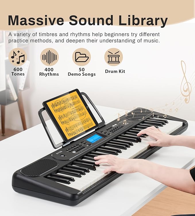 61 Key Piano Keyboard for Beginner, Lighted Keys with LCD Display, 600 Tones, 400 Rhythms, 50 Demos, 2 Teaching Modes, Headphones, Music Rest, Microphone, Sustain pedal