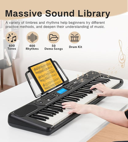 61 Key Piano Keyboard for Beginner, Lighted Keys with LCD Display, 600 Tones, 400 Rhythms, 50 Demos, 2 Teaching Modes, Headphones, Music Rest, Microphone, Sustain pedal
