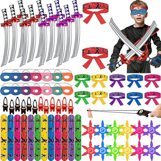 ZOIIWA 72Pcs Karate Party Favors Include Inflatable Sword Headbands Colorful Karate Party Decorations Karate Slap Bracelets Eye Mask Costume Accessories Gift Set for Kids Boys Girls Birthday Supplies