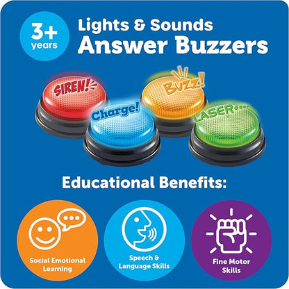 Learning Resources Lights and Sounds Buzzers - Classroom Must Haves Supplies, Kids Toys, Sound Effect Button, Family Game Shows For Trivia, Participation Tools Boys and Girls Birthday Gifts