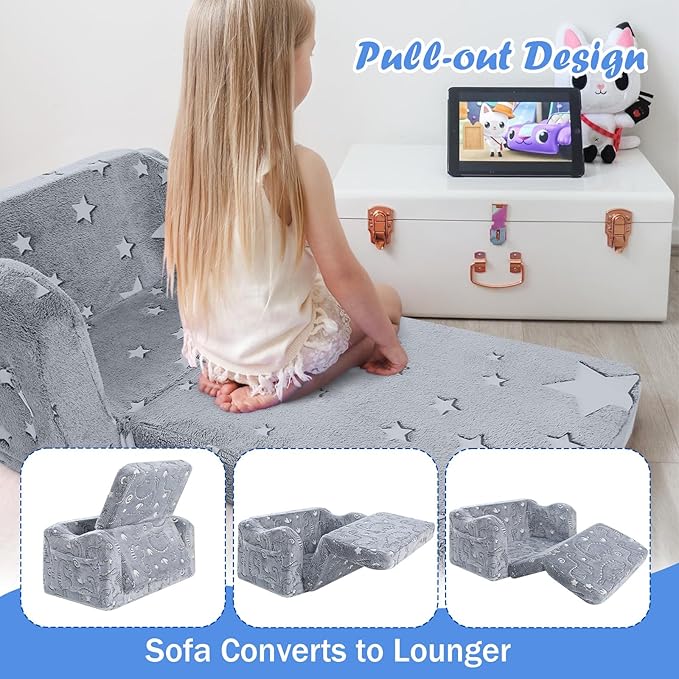 MeMoreCool Convertible Kids Sofa Chair with Blanket, Fold-Out Lounger for Playroom, Toddler Sofa for Girls and Boys (Glowing Star)