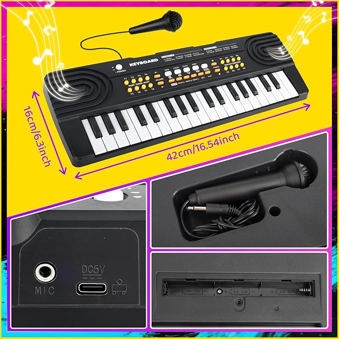 Upgraded 37 Key Piano Keyboard Toy for Kids Ages 3-5 Electric Pianos with Microphone Toddler First Music Toys for 3 4 5 6 7 Year Old Boys Girls Birthday (Black)
