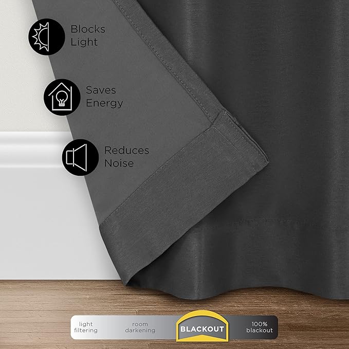 Eclipse Fresno Modern Blackout Thermal Rod Pocket Window Curtain for Bedroom (1 Panel), 52 in x 108 in, Charcoal