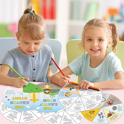 COcnny 24 Sets The Easter Story Craft, Color Your Own Easter Jesus Wheel for Kids, Religious Bible Coloring Cards DIY Crafts Art Game for Sunday School Christian Classroom Home Activities VBS Supplies