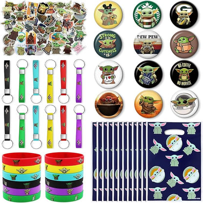 98Pcs Birthday Party Supplies, Baby birthday decorations Favors Set Include 12 Bracelets, 12 Button Pins, 12 Key Chains, 12 Gift Bags and 50 Stickers