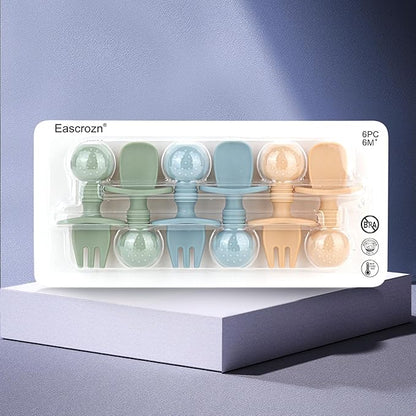 Baby Spoons and Forks Feeding Set, 6 Pack Silicone First Stage Self Feeding Toddler Utensils, BPA Free, Baby Led Weaning Supplies for Training Spoons