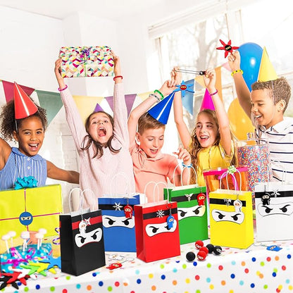16 Guests 128 Pcs Ninja Party Favors Include Ninja Gift Bags Bouncy Balls Throwing Favors Flying Slingshot Headbands Silicone Bracelets Keychains Stickers for Ninja Birthday Party Supplies