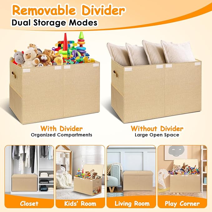 Large Toy Storage Box with Lid Upgraded Toy Chest Organizer with Removable PP Divider Foldable Toy Bin for Kids Boys Girls Linen Fabric Toy Box for Playroom Nursery Bedroom (25"x13"x16")