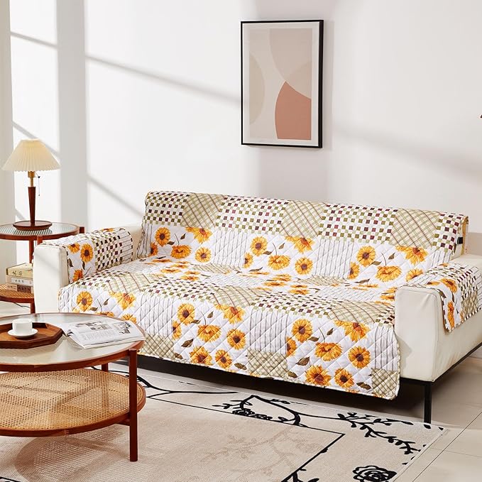 EVENHUG Sofa Cover for 3 Cushion Couch Patchwork Floral Sofa Slipcover Washable 3 seat Couch Cover Furniture Protector Cover with Elastic Straps for Pets Kids Dog Cat (Sofa,Yellow)