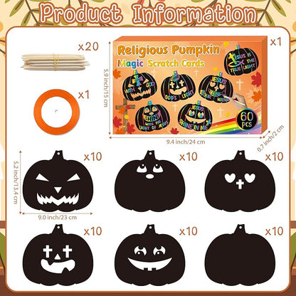 B1ykin Fall Religious Pumpkin Scratch Card - DIY Autumn Magic Scratch Cards Craft Kit for Kids, Christian Black Bible Hanging Tags Party Favors for Thanksgiving Sunday School Classroom Art Activity