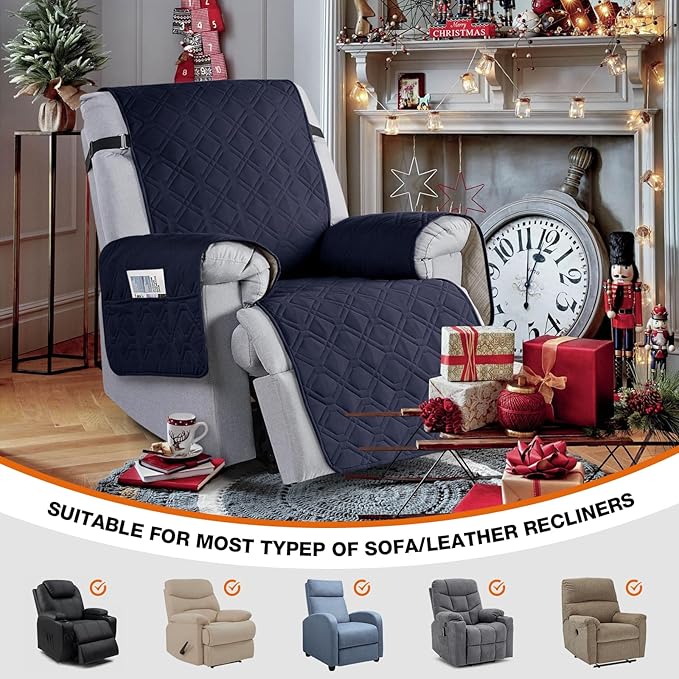 VANSOFY 100% Waterproof Recliner Chair Covers, Recliner Cover Non-Slip Dog Chair Cover Furniture Protector Washable Slipcover with Pocket, Elastic Straps for Pets, Dogs(Dark Blue, 30")