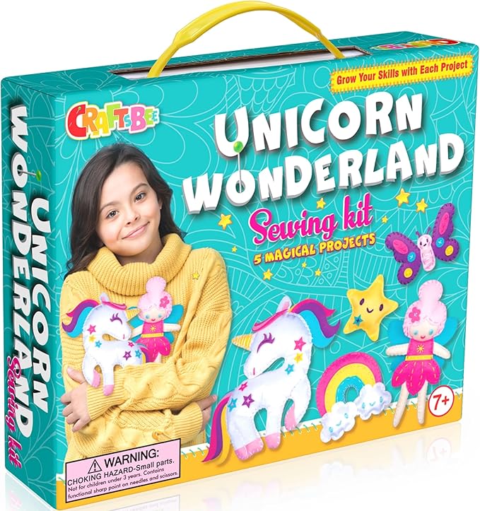CRAFTSBEE Beginner Sewing Kit for Girls Ages 7+ - 5 DIY Unicorn Felt Stuffed Animals and Plus Pillow Craft, Educational Learn to Sew Unicorn Kit