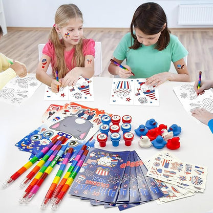 72 Pcs Patriotic Party Favors Set, 4th of July Coloring Books Red White Blue Party School Exchange Gifts Tattoo DIY Sticker Stampers Class Reward Prizes for Independence Memorial Day Party Supplies