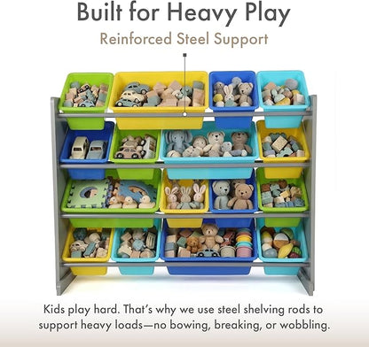 Humble Crew Toy Storage Organizer with 16 Removable Storage Bins for Kids Playroom, 4-Tier Toddler Toy Organization and Storage, Grey/Blue/Green/Yellow