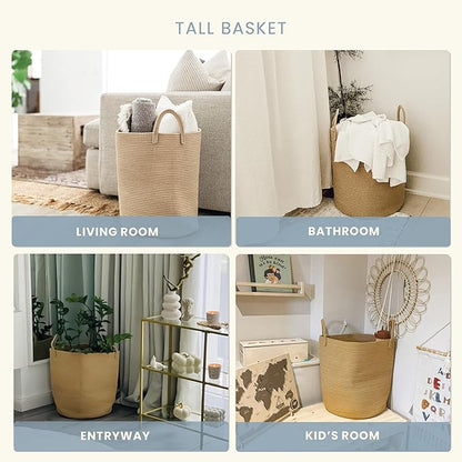 OrganiHaus Large Woven Laundry Basket w/Handles 52L, Rope Dirty Clothes Hamper, Blanket Basket for Living Room, Baby Laundry Hamper for Nursery, Soft & Durable Decorative Organizer Bin - Honey