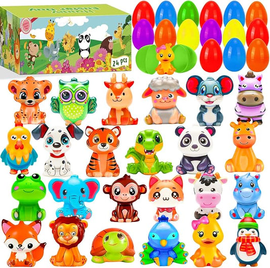 Easter Basket Stuffers,24 Pack Filled Easter Eggs with Animal Squishy Toys for Kids, Novelty Squeeze Toys, Cute Animal Stress Toys for Boys & Girls, Egg Hunt, Classroom Prizes & Party Favors