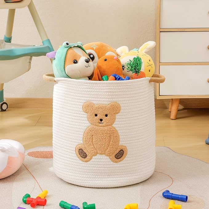 Large Blanket Baskets for Living Room, Teddy Bear Baskets Toy Storage Basket Woven Cotton Rope Basket for Kids, Toys Organizer Clothes Hamper with Embroidery, Teddy Bear Nursery Decor ( Large )
