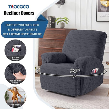 TAOCOCO Recliner Cover 3 Pieces Recliner Chair Covers, Stretch Jacquard Reclining Chair Cover, Furniture Protector Sofa Slipcovers Couch Covers with Elastic Bottom for Kids, Pets (Dark Grey)