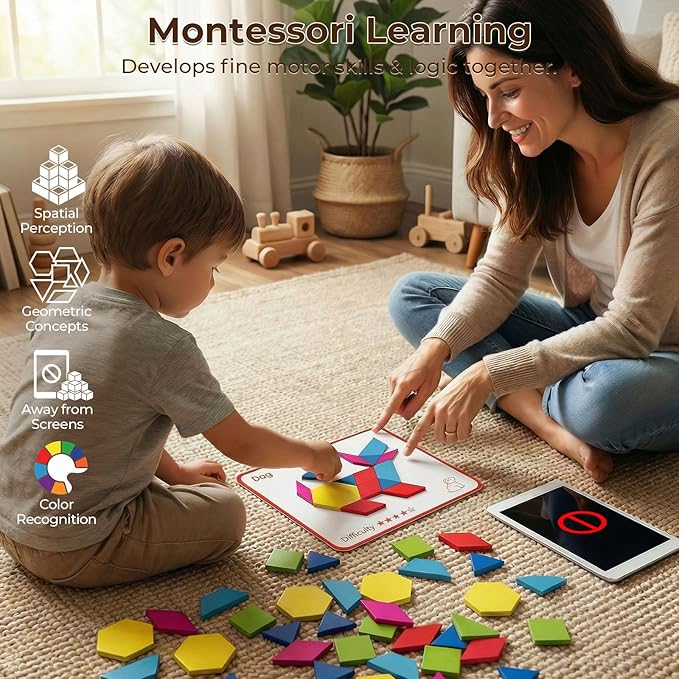 3 otters Wooden Pattern Blocks Shapes for Kids, Geometric Tangram Puzzle with Activity Cards, 150 PCS Educational Toy