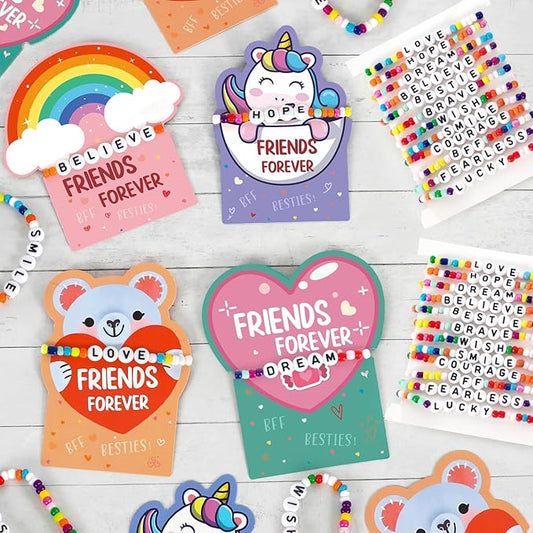 DAZONGE Valentines Day Gifts for Kids, Pack of 24 Friends Forever Valentines Cards with Friendship Bead Bracelets for Classroom Prizes, Exchange Gift, Valentine’s Day Cards for Kids School
