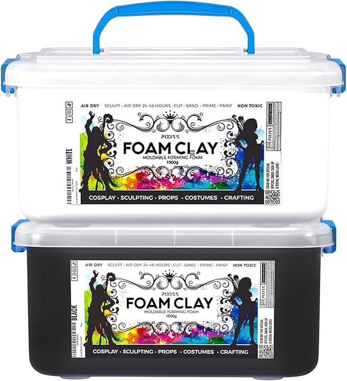Pixiss Black and White Modeling Foam Clay - Premium Foam Air Dry Clay Cosplay Foam for Costumes, 1500 Gram Sculpting Clay for Crafts - Flexible Air Drying Clay Foam (Black)