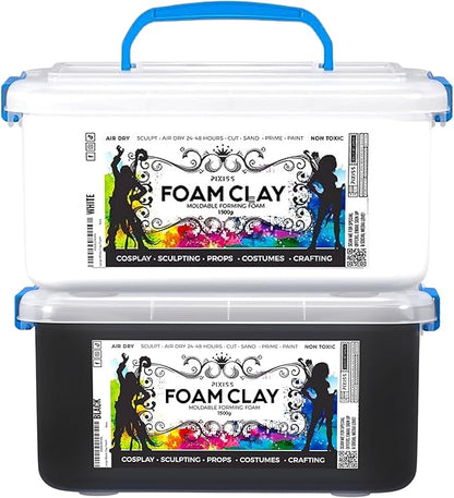 Pixiss Black and White Modeling Foam Clay - Premium Foam Air Dry Clay Cosplay Foam for Costumes, 1500 Gram Sculpting Clay for Crafts - Flexible Air Drying Clay Foam (Black)