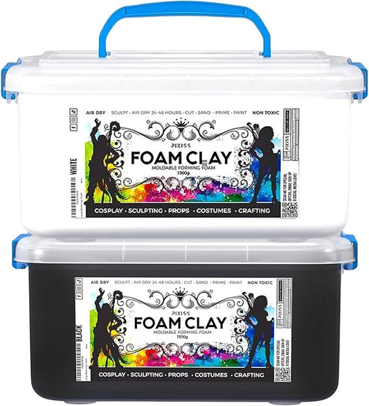 Pixiss Black and White Modeling Foam Clay - Premium Foam Air Dry Clay Cosplay Foam for Costumes, 1500 Gram Sculpting Clay for Crafts - Flexible Air Drying Clay Foam (Black)