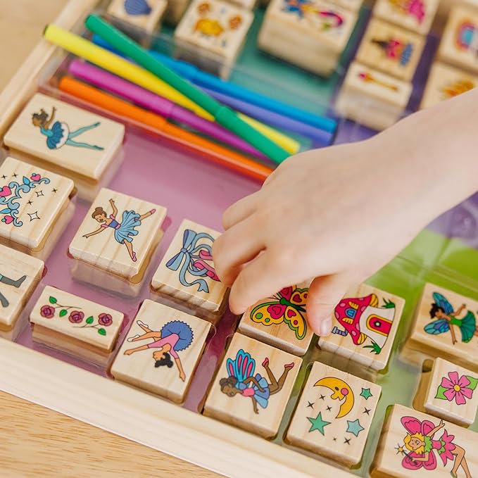 Melissa & Doug Deluxe Wooden Stamp and Coloring Set – Fairy Tale (30 Stamps, 6 Markers, 2 Durable 2-Color Pads) - Fairy Tale-Themed Stamps For Kids Activity Set