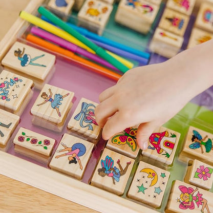 Melissa & Doug Deluxe Wooden Stamp and Coloring Set – Fairy Tale (30 Stamps, 6 Markers, 2 Durable 2-Color Pads) - Fairy Tale-Themed Stamps For Kids Activity Set