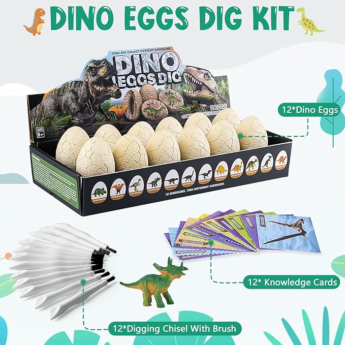 Dinosaur Eggs Excavation Dig Kit - 12 Unique Eggs Dinosaur Toy, Easter Eggs Science STEM Gifts for Boys Girls Dinosaur Egg Toys for Age 6-8 8-12 Year Old