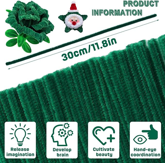 180 Pieces Pipe Cleaners Chenille Stem, Green Pipe Cleaners,Craft Pipe Cleaners, 11.8inch Christmas Pipe Cleaners Chenille Stems for Mother’s Day DIY Art Crafts Decorations Supplies (Green)