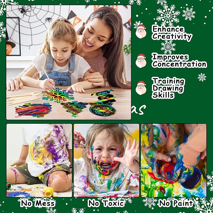 Christmas Scratch Crafts Art for Kids, 48 Pieces Rainbow Christmas Scratch Paper Art with Wooden Sticks, Christmas Ornaments for Kids Party Favors Supplies