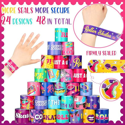 Marsui 48 Pcs Roller Skating Party Supplies Pack Slap Bracelets for Birthday Party Favors Snap Bracelets Pack Bulk for Wrist Bands Toddler Party Favors Bulk, 24 Designs
