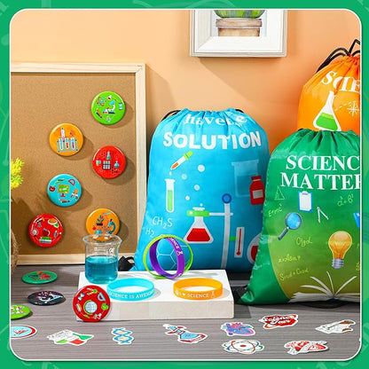 Sureio 86 Pcs Scientific Party Favors Include Scientific Party Drawstring Bags Silicone Bracelets Scientific Stickers Kawaii Pins for Scientific Birthday Party Decorations Prizes