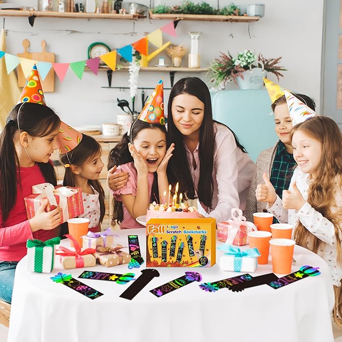 BeYumi 60Pcs Fall Harvest Scratch Bookmarks for Kids DIY Hello Fall Autumn Leaves Pumpkin Turkey Magic Art Rainbow Color Paper Craft Kit School Classroom Activity Art Project Thanksgiving Party Favors