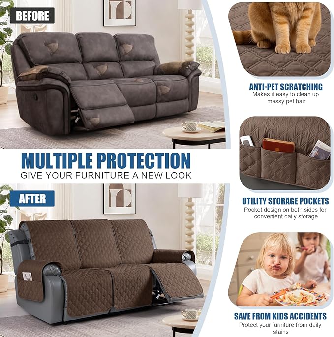 TAOCOCO 100% Waterproof Recliner Covers, Recliner Sofa Covers with Leg Straps, Reversible Recliner Couch Cover for Reclining Chair, Washable Couch Protector for Pets Kids(3 Seater, Brown)