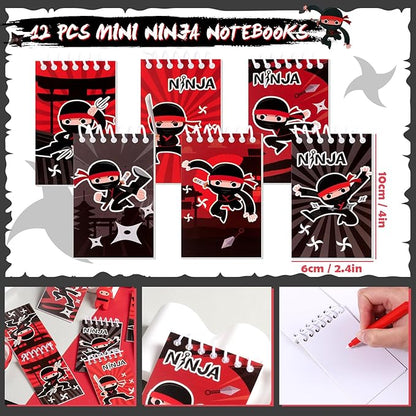 12Set Ninja Party Favors Birthday Supplies for Kids Boys, Ninja Spiral Notepads Invisible Ink Pens Stars Slingshots Stretchy Flying Ninjas Silicone Bracelets Ninja Toys Gifts Ninja Party Supplies