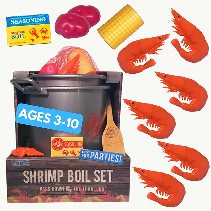Lil' Bit Boiling Co. Kids Louisiana Shrimp Boil Playset - Toy Food Kitchen Set for Children with Pot, Strainer, Wooden Paddle and Accessories