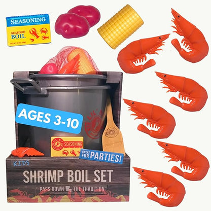 Lil' Bit Boiling Co. Kids Louisiana Shrimp Boil Playset - Toy Food Kitchen Set for Children with Pot, Strainer, Wooden Paddle and Accessories