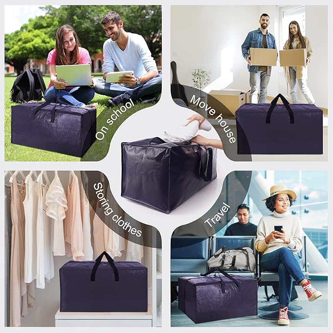 VELVETSURE Heavy Duty Extra Large Moving Bags W/Backpack Straps - Strong Handles & Zippers, Storage Totes For Space Saving, Fold Flat, Alternative to Moving Box and Storage Bin (Set of 6, Blue)