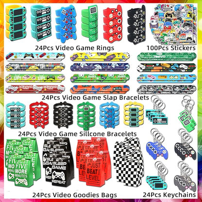 24 sets of Video Game Party Favors, 220 Pcs Gamer party Favors - Gaming Birthday Goodie Bags Included Gift Bags, Game Keychain, Slap Bracelet, Stickers, Game Ring, Hand Strap for Gaming Kids